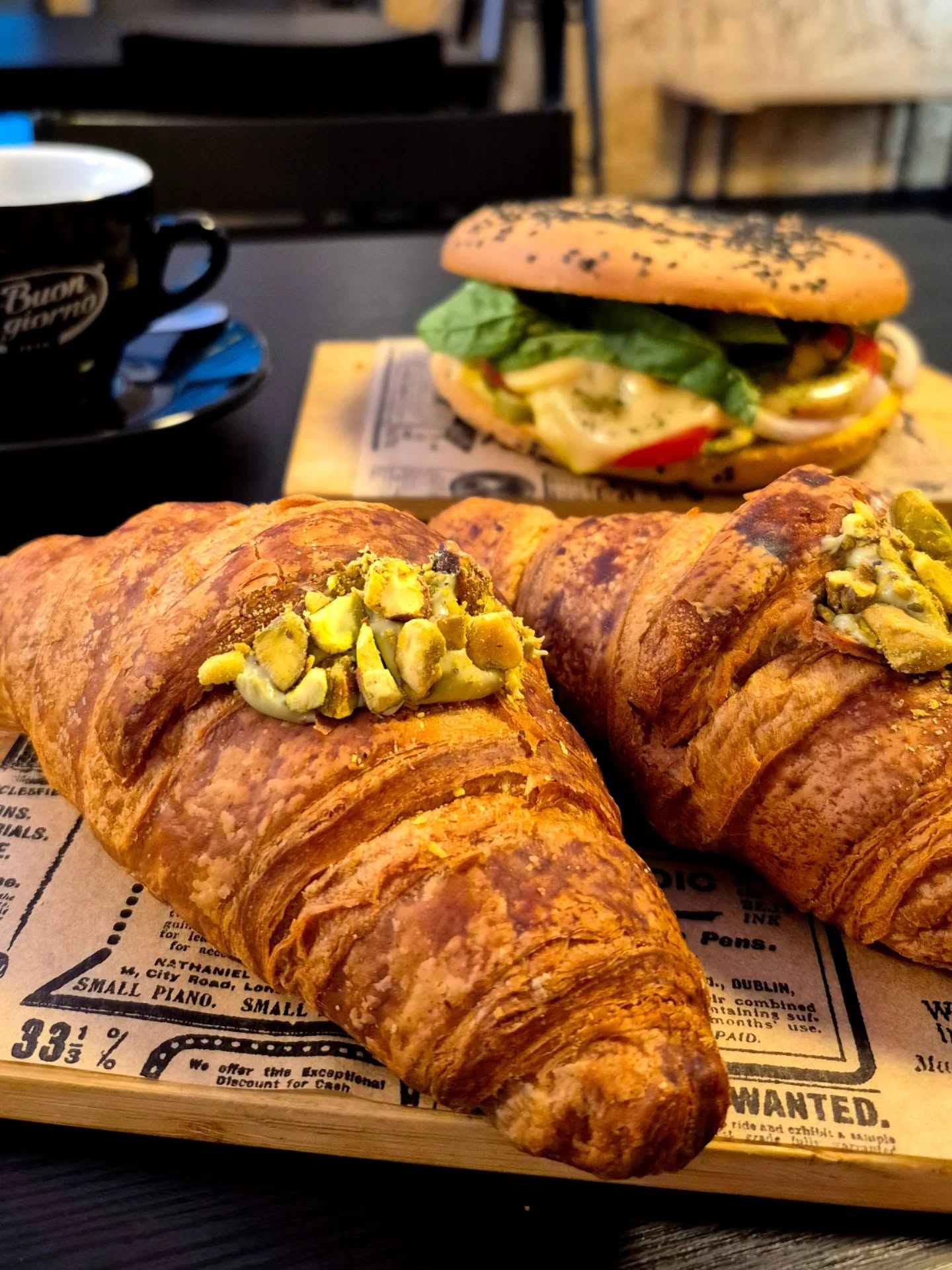Pistachio croissants with a breakfast bagel