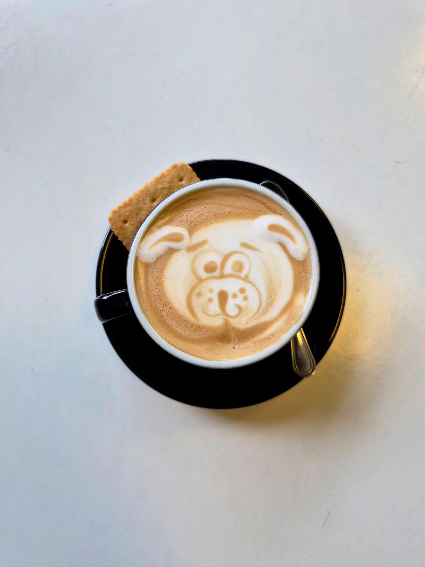Cappuccino with teddy bear latte art and a biscuit on the saucer